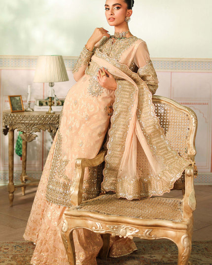 Maria B | Peach Embroidered Net Sharara