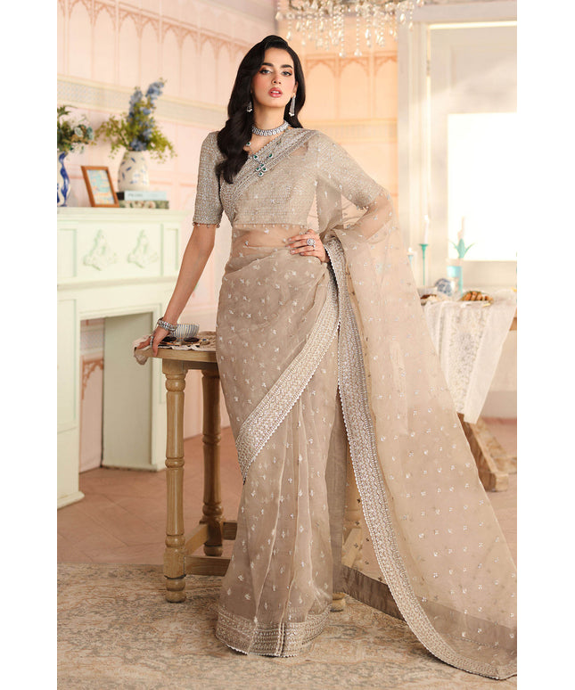 Maria B | Grey Embroidered Embellished Raw Silk Saree