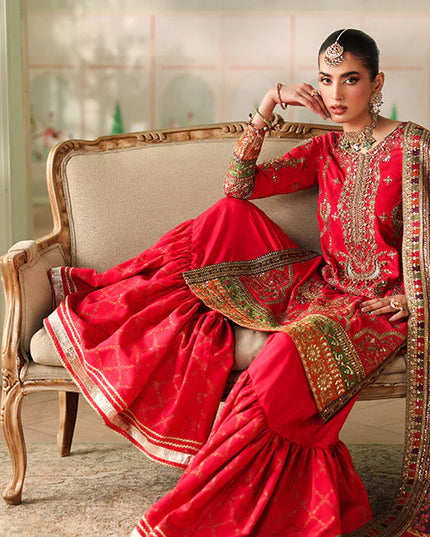 Maria B | Pink Embroidered Bamber Raw Silk Gharara