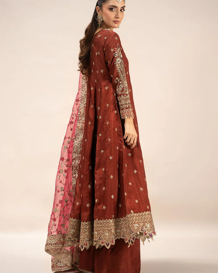 Maria B | Rust Hand Embellished Raw Silk Embroidered Suit
