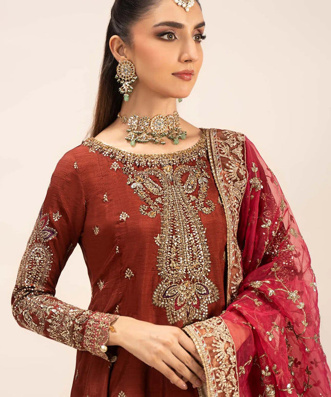 Maria B | Rust Hand Embellished Raw Silk Embroidered Suit