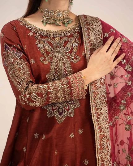Maria B | Rust Hand Embellished Raw Silk Embroidered Suit