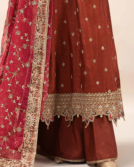 Maria B | Rust Hand Embellished Raw Silk Embroidered Suit