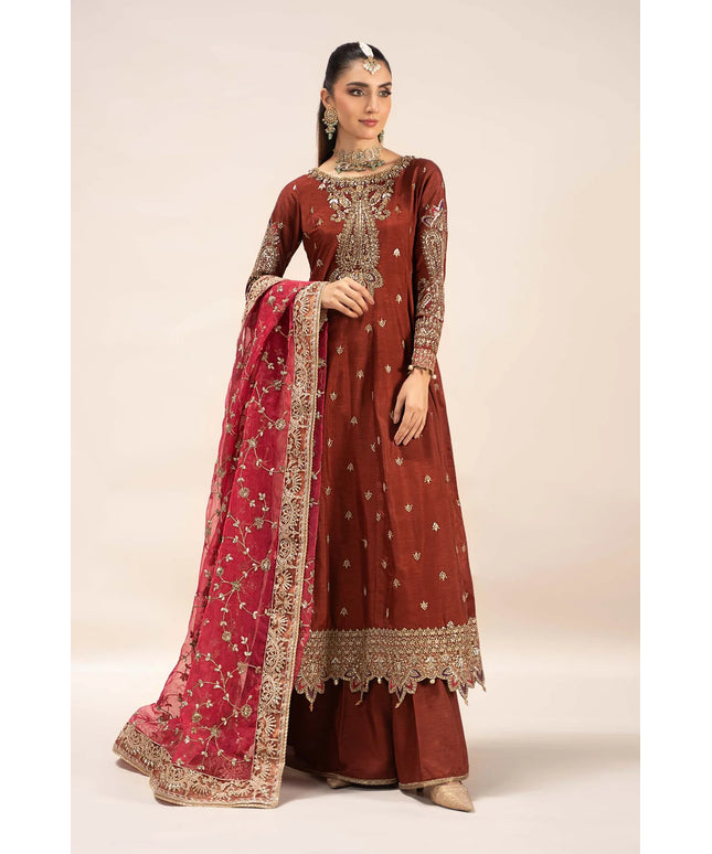 Maria B | Rust Hand Embellished Raw Silk Embroidered Suit