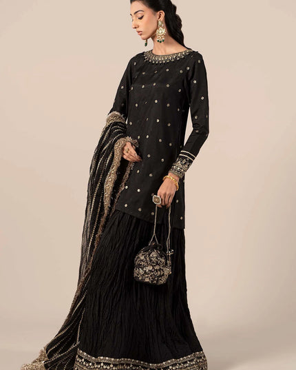 Maria B | Black Embroidered Raw Silk Gharara
