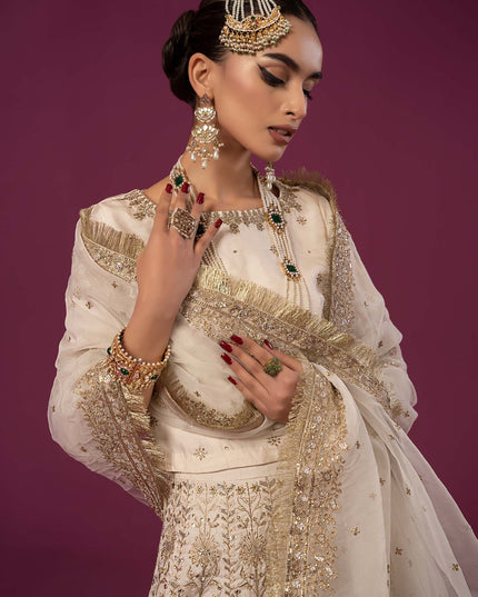 Maria B | Off White Embroidered Raw Silk Lehenga