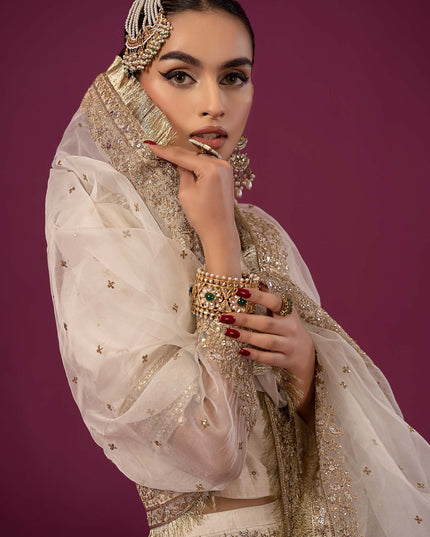 Maria B | Off White Embroidered Raw Silk Lehenga