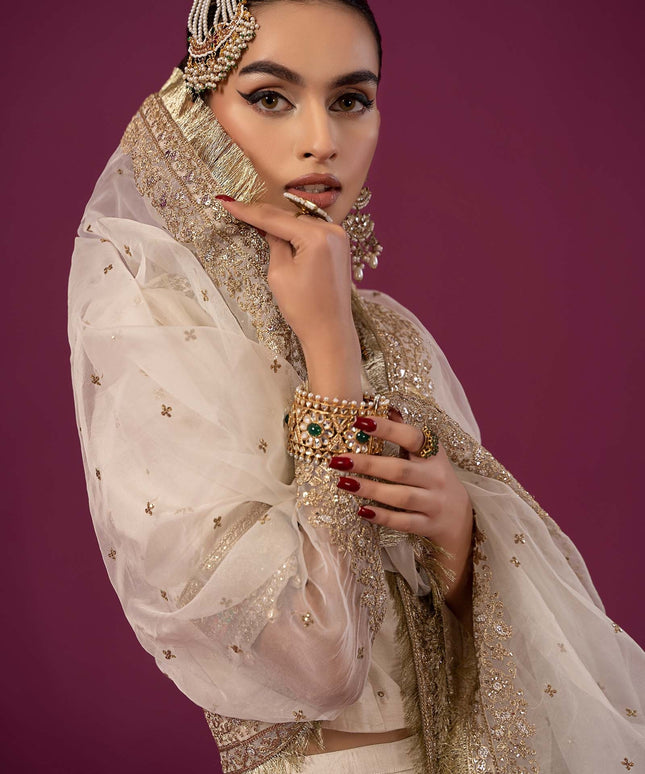 Maria B | Off White Embroidered Raw Silk Lehenga