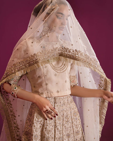 Maria B | Off White Embroidered Raw Silk Lehenga