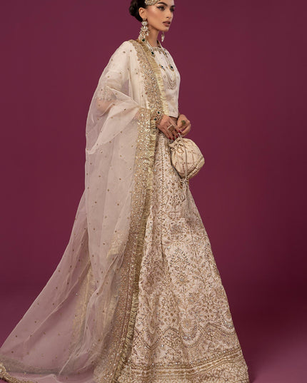 Maria B | Off White Embroidered Raw Silk Lehenga