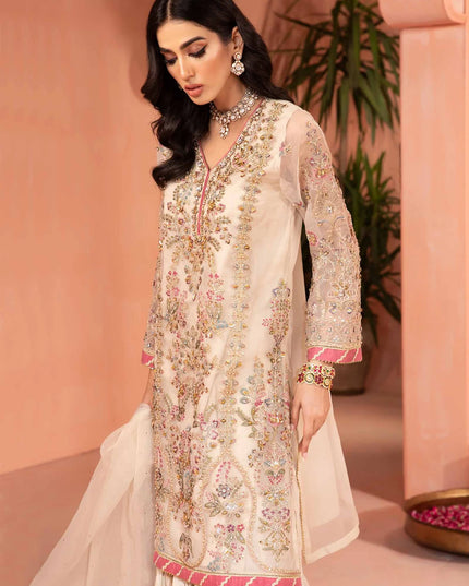 Maria B | Off White Organza Embroidered Gharara