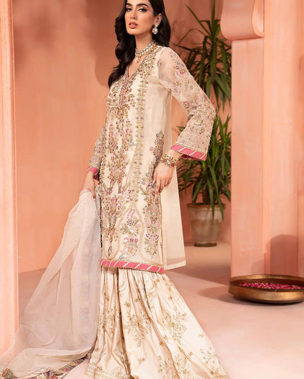 Maria B | Off White Organza Embroidered Gharara