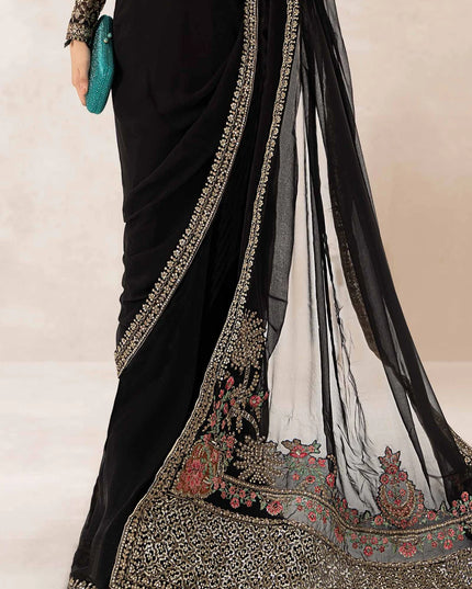 Maria B | Black Embroidered Organza Saree
