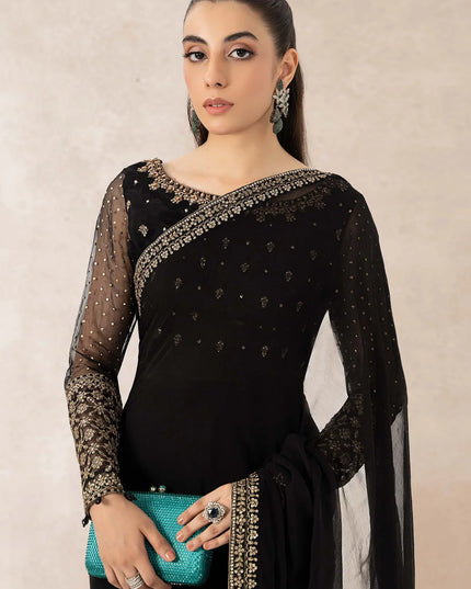 Maria B | Black Embroidered Organza Saree