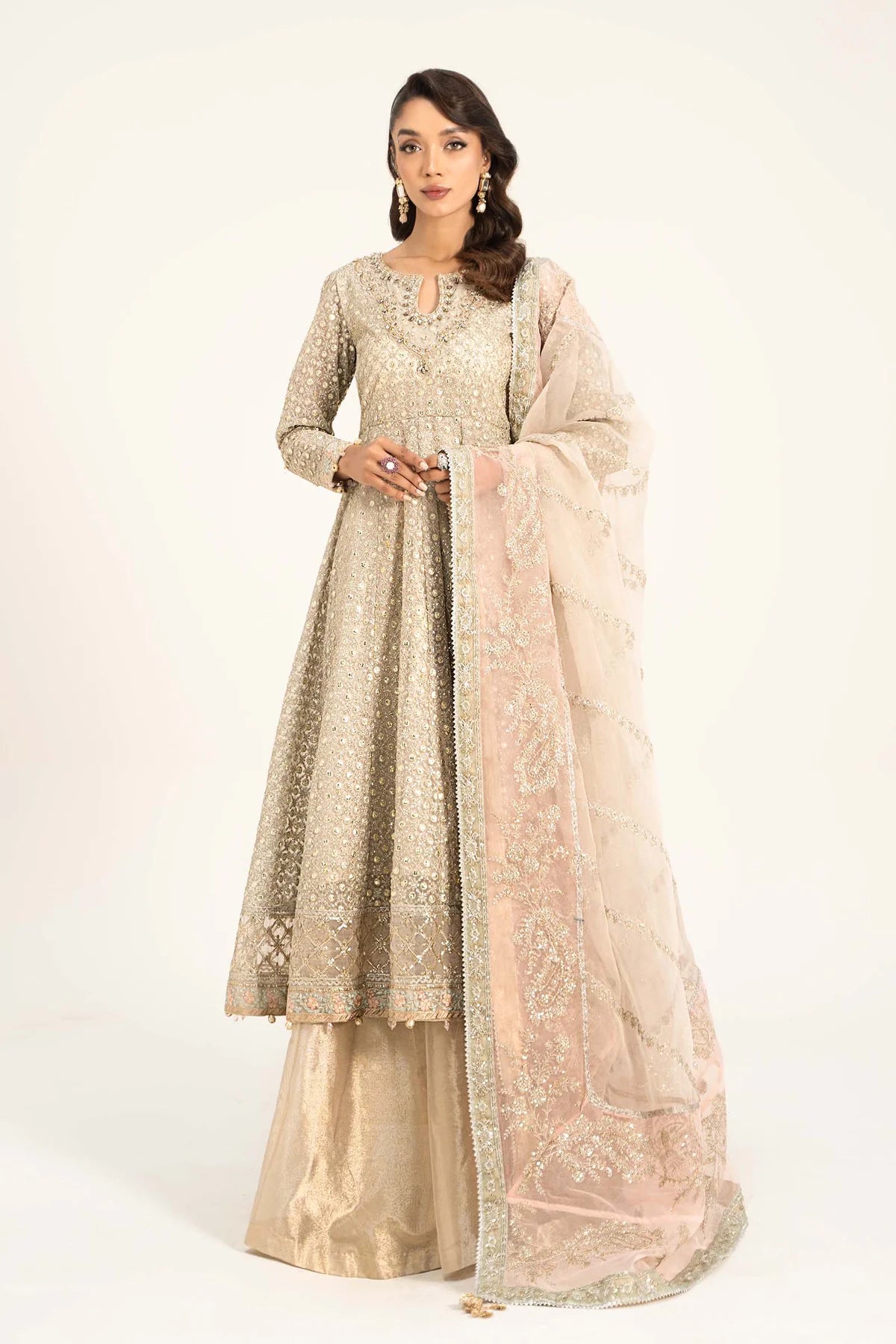 Maria B | Off White Organza Hand Embellished Frock Lehenga