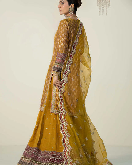 Maria B | Yellow Silk Jacquard Hand Embroidered Sharara