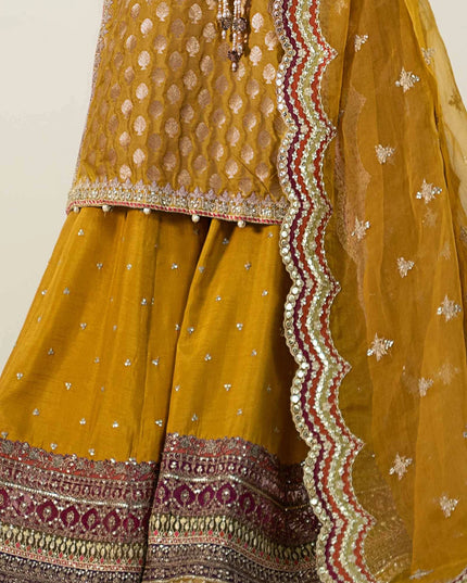 Maria B | Yellow Silk Jacquard Hand Embroidered Sharara