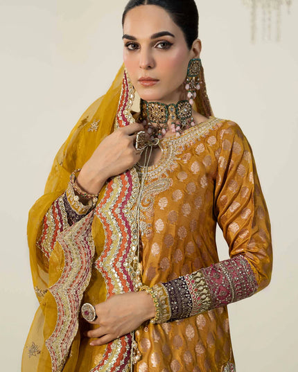 Maria B | Yellow Silk Jacquard Hand Embroidered Sharara