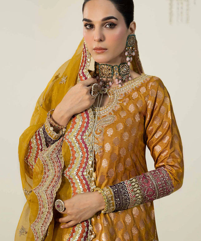 Maria B | Yellow Silk Jacquard Hand Embroidered Sharara
