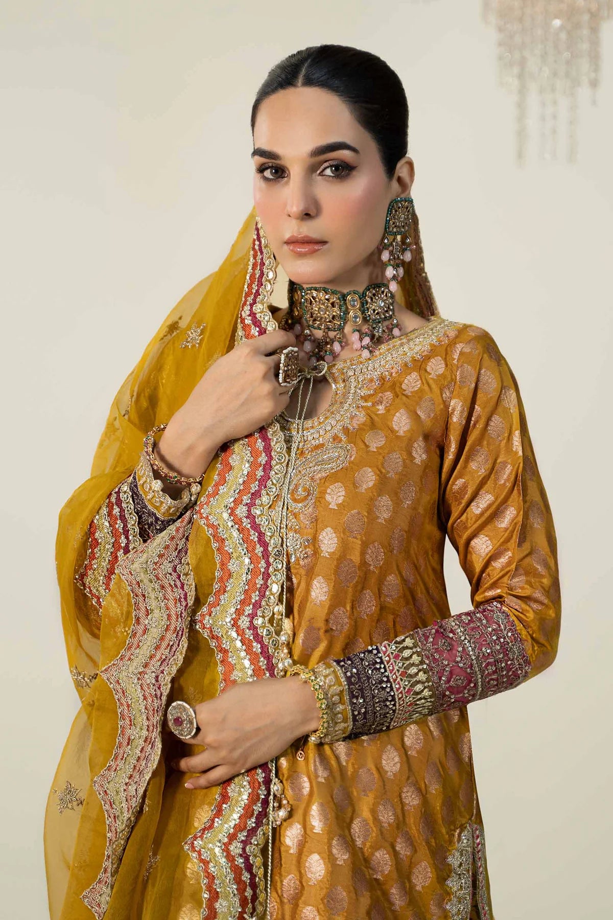Maria B | Yellow Silk Jacquard Hand Embroidered Sharara