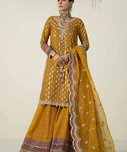 Maria B | Yellow Silk Jacquard Hand Embroidered Sharara