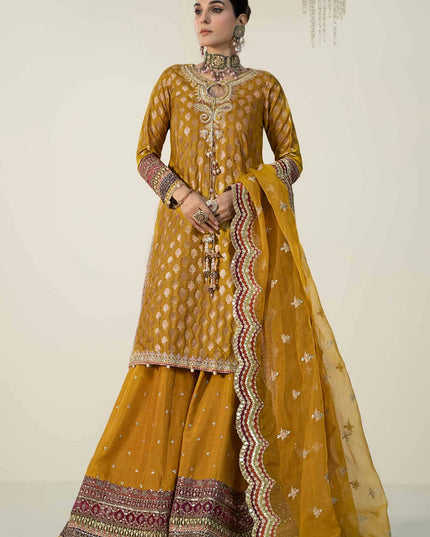 Maria B | Yellow Silk Jacquard Hand Embroidered Sharara