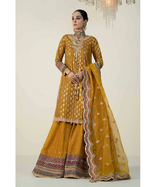 Maria B | Yellow Silk Jacquard Hand Embroidered Sharara
