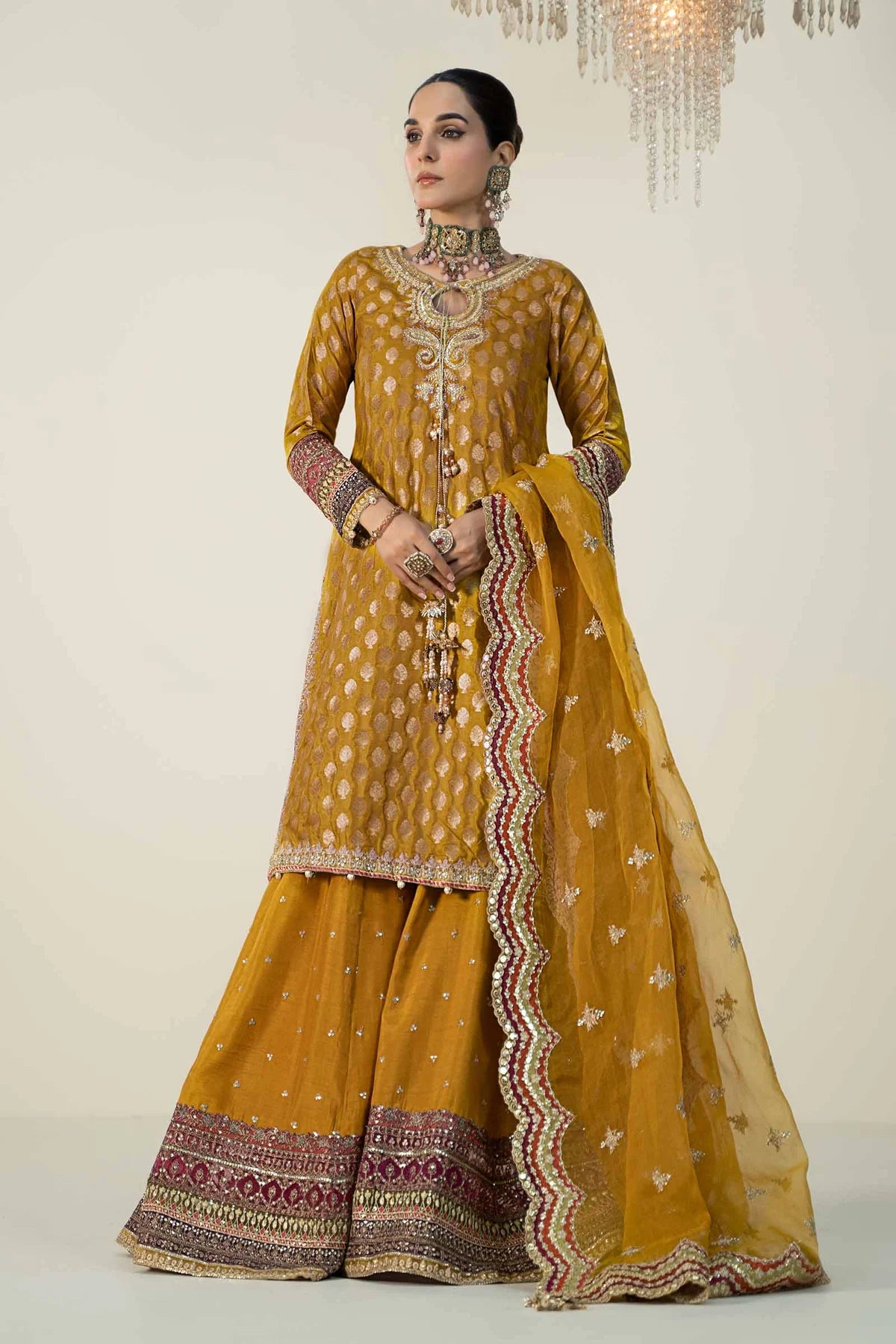 Maria B | Yellow Silk Jacquard Hand Embroidered Sharara