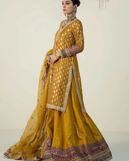 Maria B | Yellow Silk Jacquard Hand Embroidered Sharara