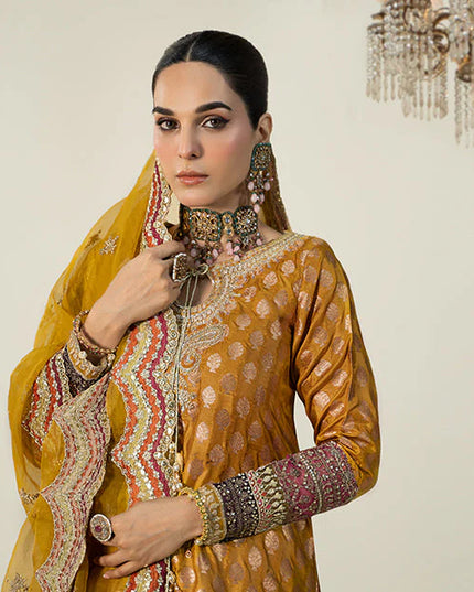 Maria B | Yellow Silk Jacquard Hand Embroidered Sharara