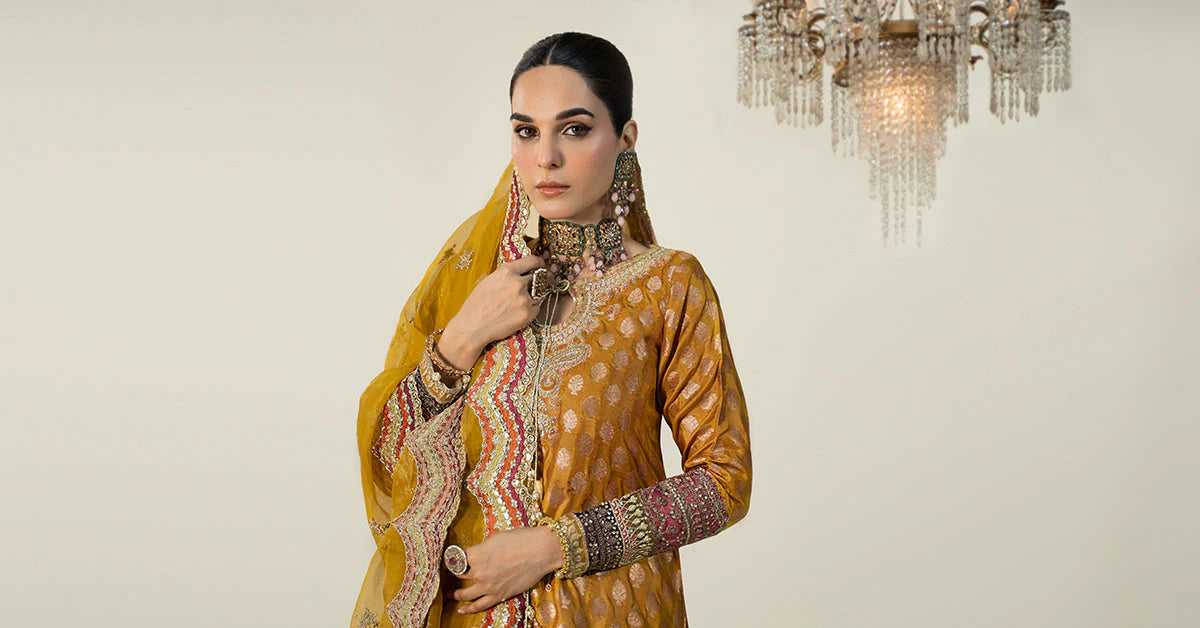 Maria B | Yellow Silk Jacquard Hand Embroidered Sharara