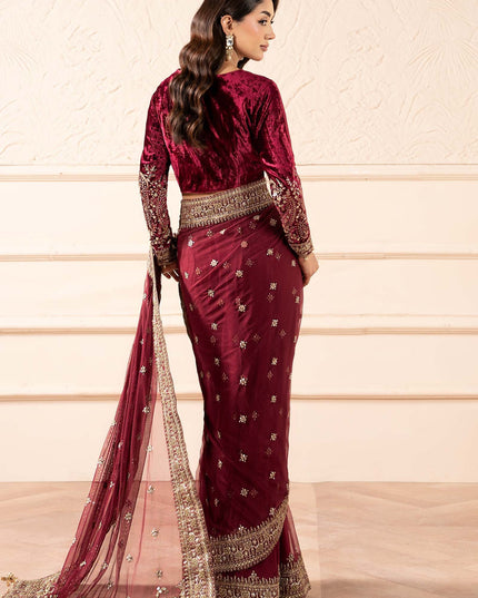 Maria B | Pink Embroidered Embellished Velvet Net Saree