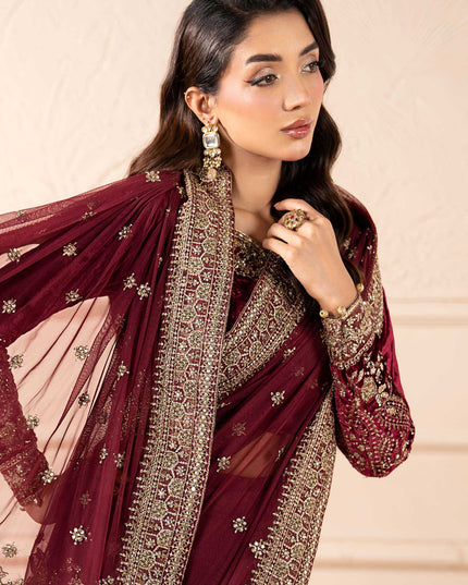 Maria B | Pink Embroidered Embellished Velvet Net Saree