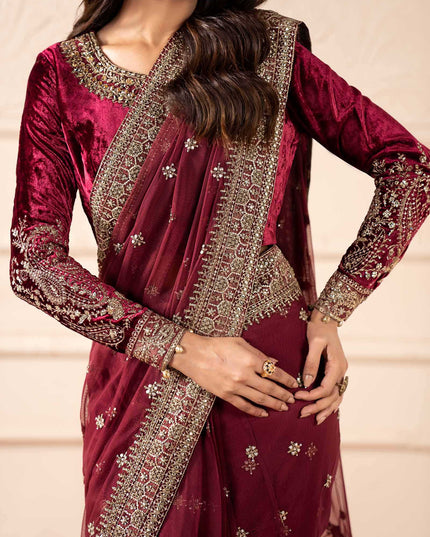 Maria B | Pink Embroidered Embellished Velvet Net Saree