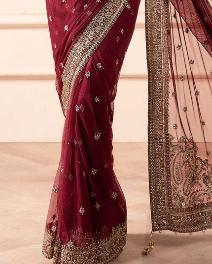 Maria B | Pink Embroidered Embellished Velvet Net Saree
