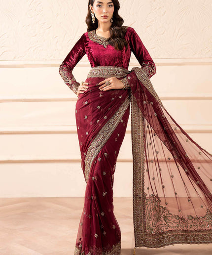 Maria B | Pink Embroidered Embellished Velvet Net Saree