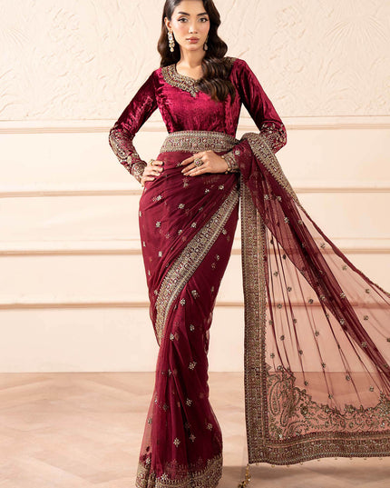 Maria B | Pink Embroidered Embellished Velvet Net Saree