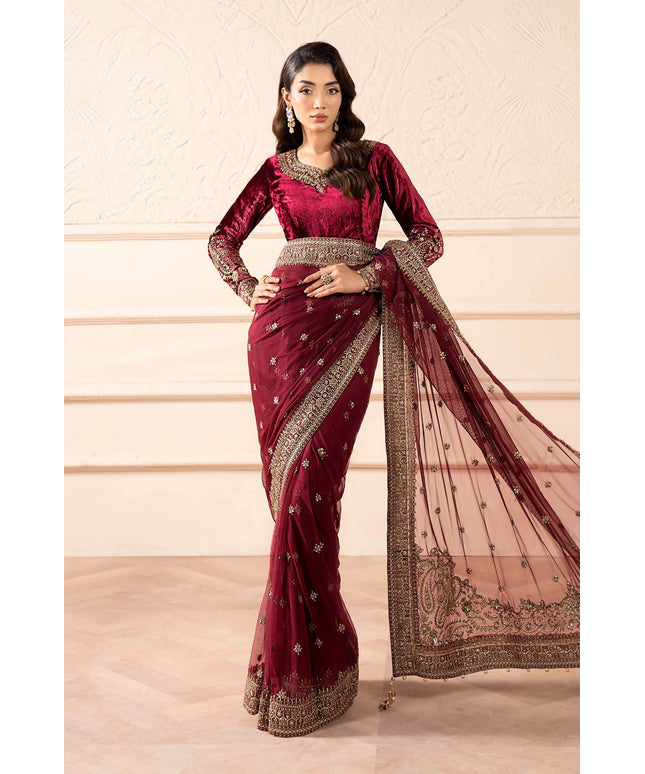 Maria B | Pink Embroidered Embellished Velvet Net Saree