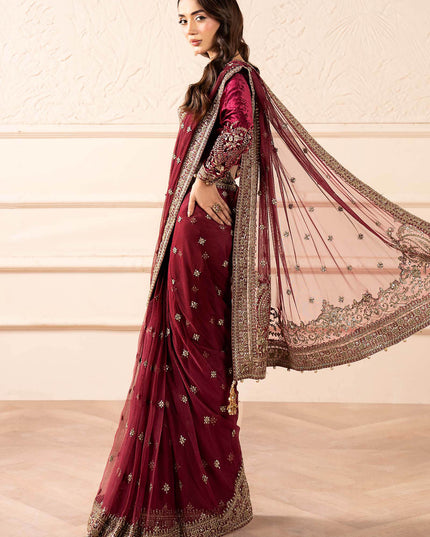 Maria B | Pink Embroidered Embellished Velvet Net Saree