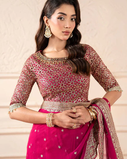 Maria B | Pink Embroidered Embellished Chiffon Saree