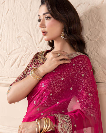 Maria B | Pink Embroidered Embellished Chiffon Saree