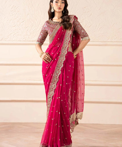 Maria B | Pink Embroidered Embellished Chiffon Saree