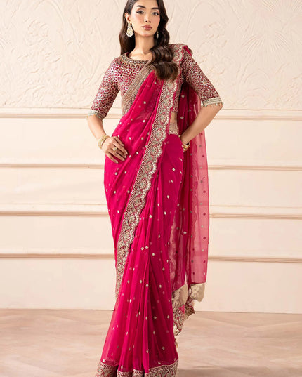 Maria B | Pink Embroidered Embellished Chiffon Saree