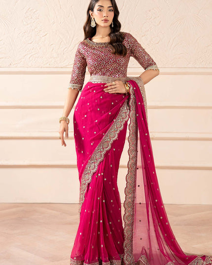 Maria B | Pink Embroidered Embellished Chiffon Saree