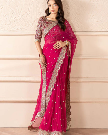 Maria B | Pink Embroidered Embellished Chiffon Saree