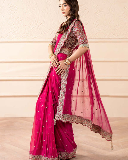 Maria B | Pink Embroidered Embellished Chiffon Saree