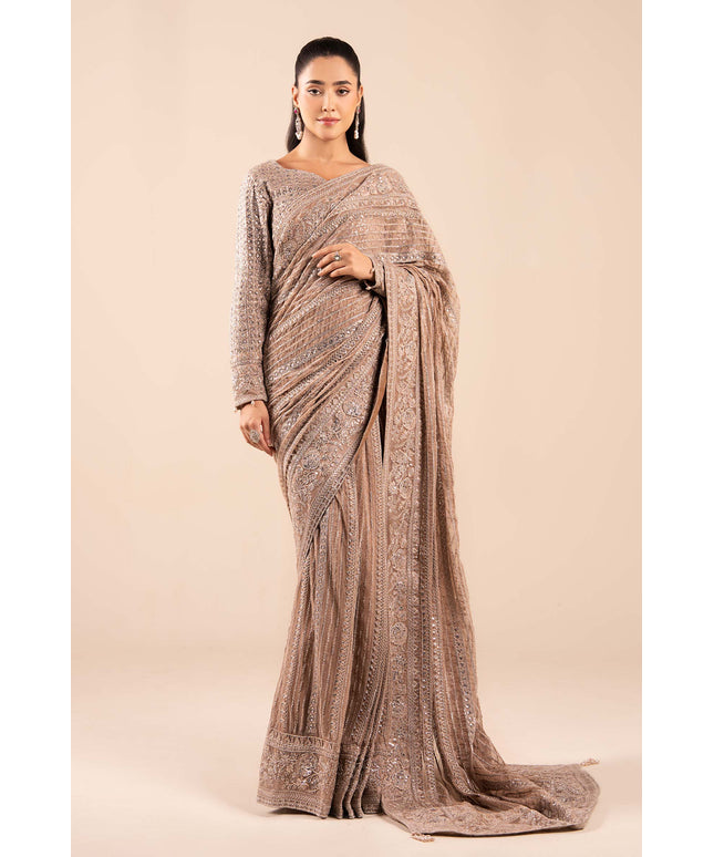 Maria B | Grey Skin Embroidered Net Saree