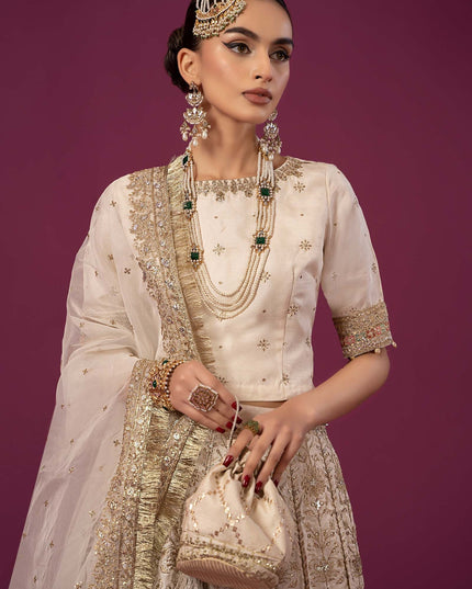 Maria B | Off White Embroidered Raw Silk Lehenga