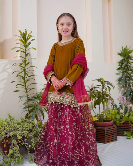 Shanzey | Girls Olive Embroidered Lehenga