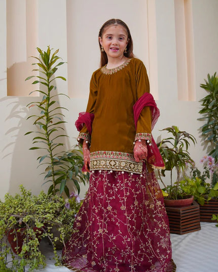 Shanzey | Girls Olive Embroidered Lehenga